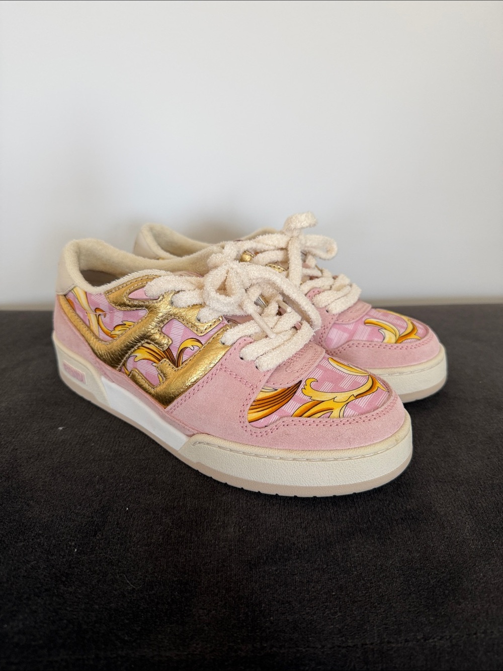 Fendi and Versace Collaboration Pink & Gold Sneakers with Decorative Print